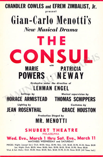 Menotti, Gian Carlo - Playbill The Consul World Premiere 1950