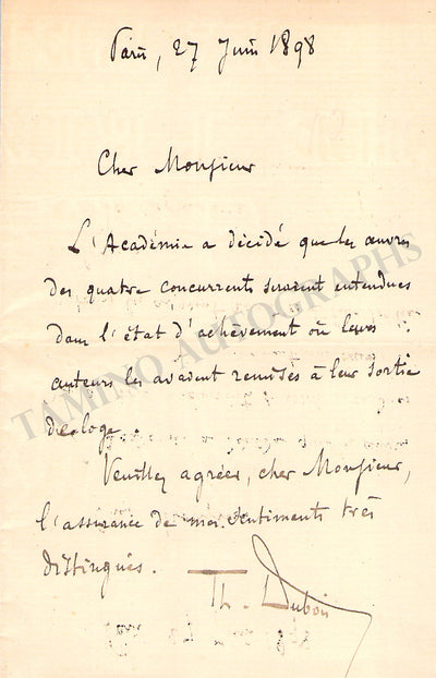 Dubois, Theodore - Autograph Letter Signed 1898