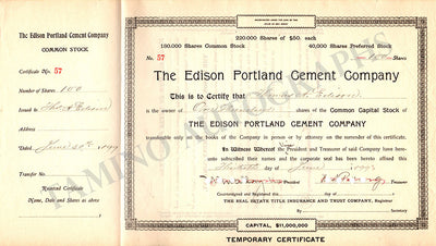 Edison, Thomas Alva - Signed Stock Certificate