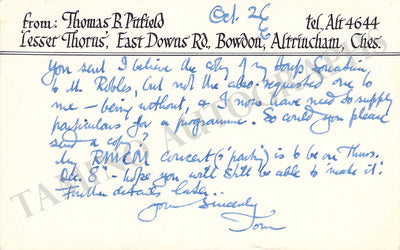 Pitfield, Thomas - Autograph Note Signed 1966