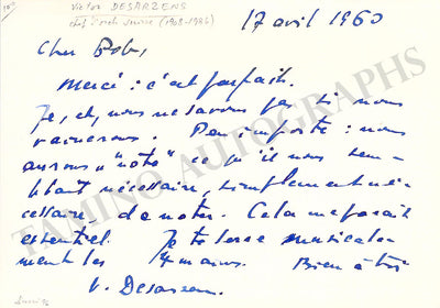 Desarzens, Victor - Autograph Note Signed 1960