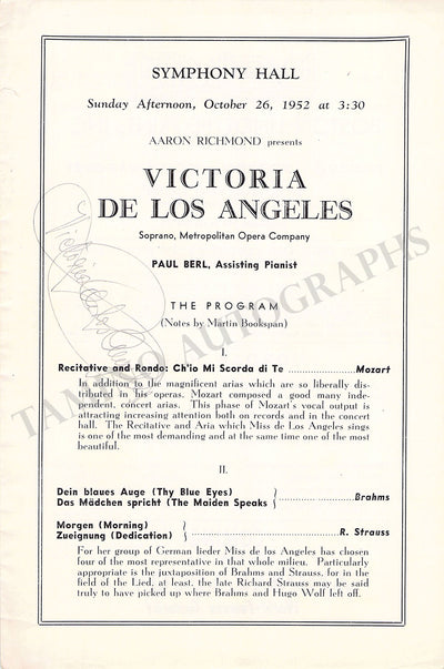 De los Angeles, Victoria - Signed Program Los Angeles 1952