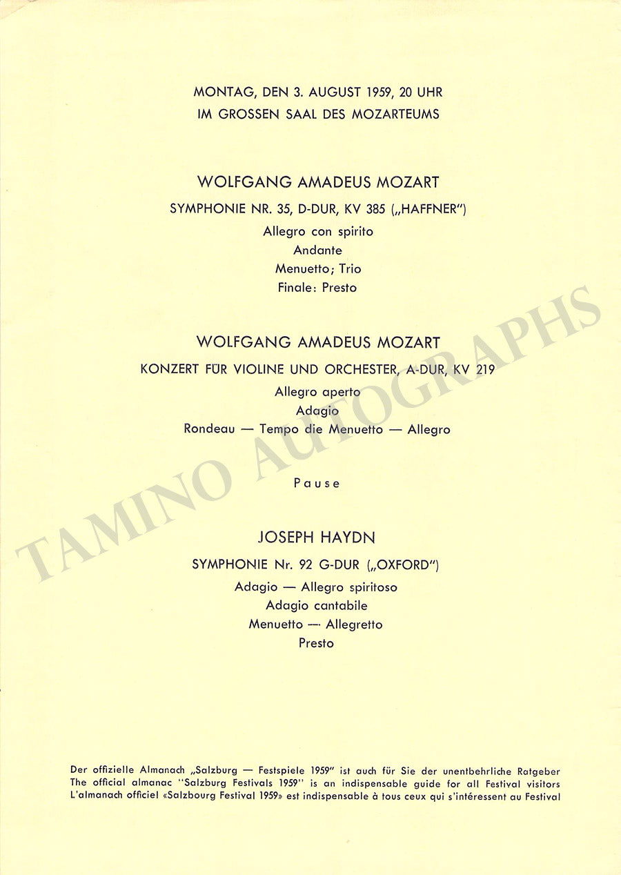 Violin Concert Program Violinists Concert Programs Salzburg Festival Unsigned