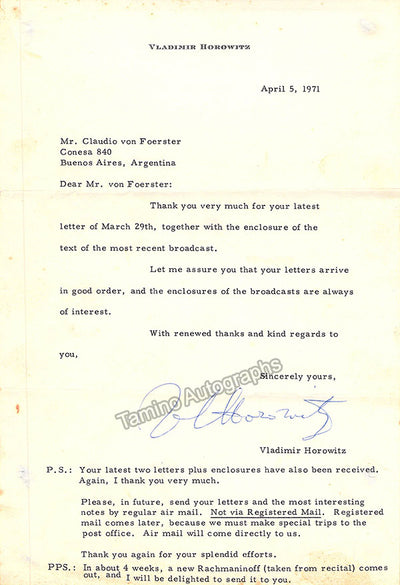 Horowitz, Vladimir - Set of 8 Signed Typed Letters & Notes