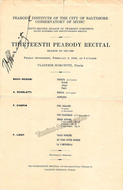 Horowitz, Vladimir - Signed Program Baltimore 1928