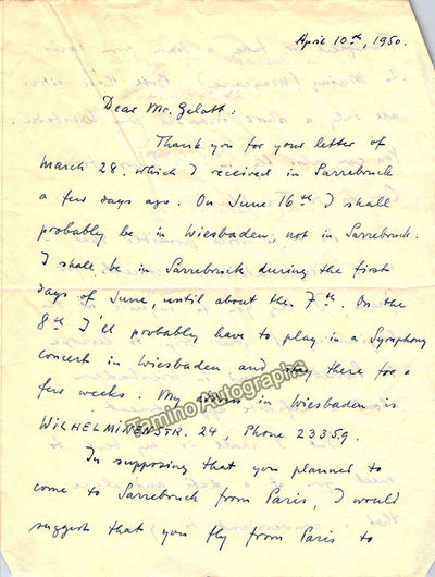 Gieseking, Walter - Autograph Letter Signed 1950