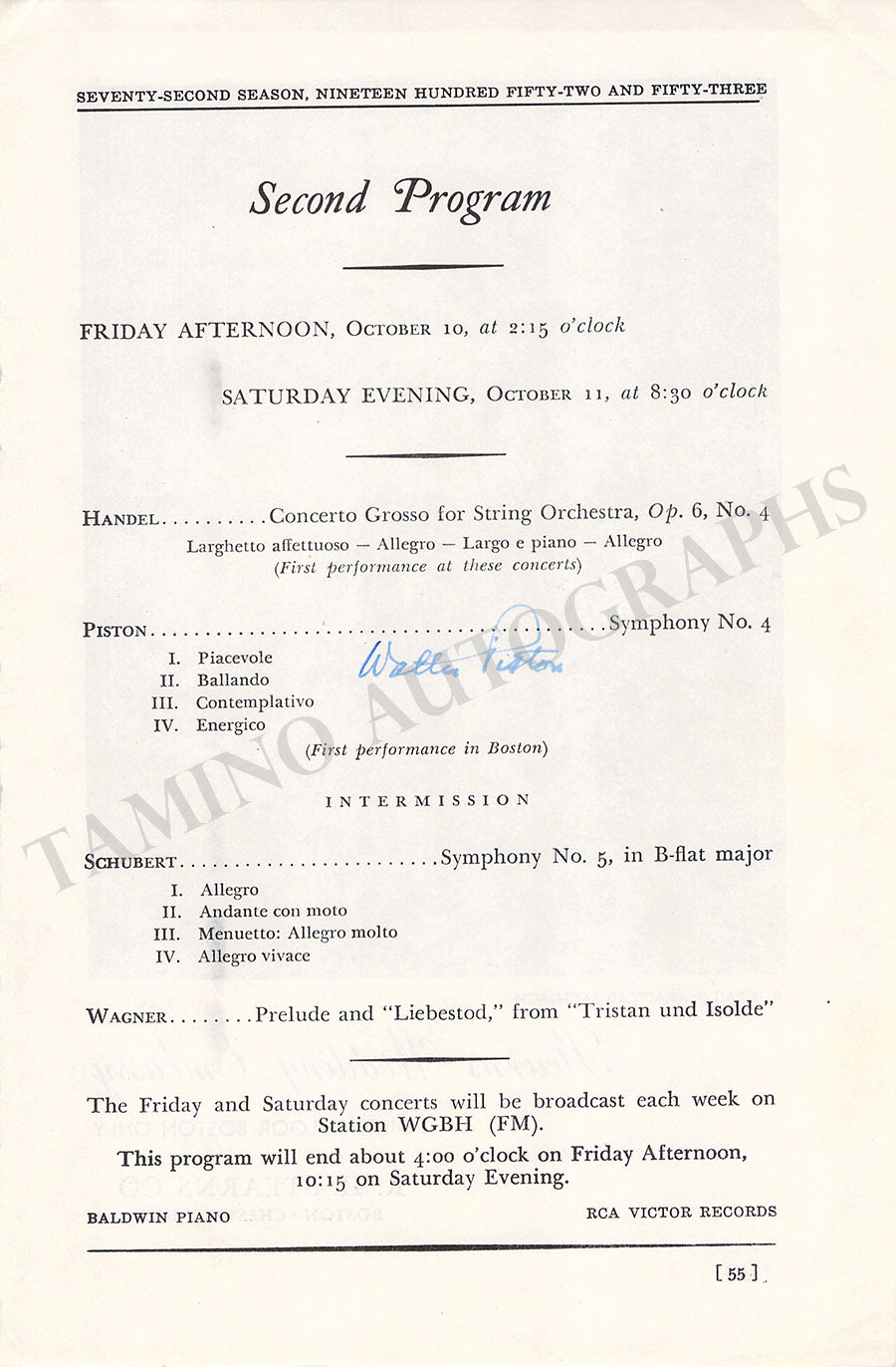 Walter Piston Autograph Signed Program Page 1952 – Tamino