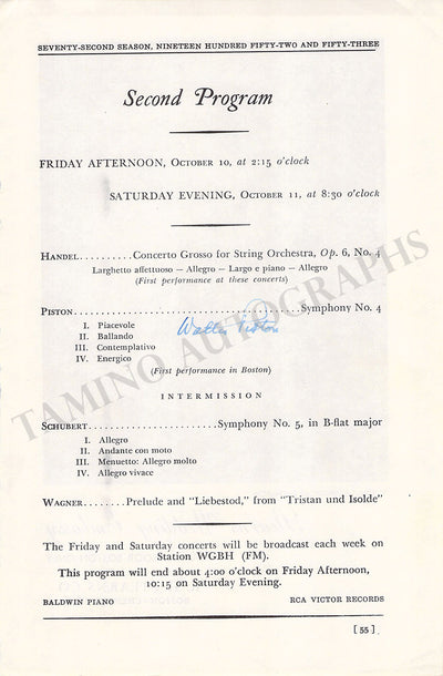 Piston, Walter - Signed Program Page 1952