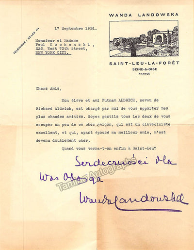 Landowska, Wanda - Typed Letter Signed 1931