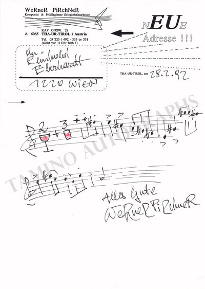 Pirchner, Werner - Autograph Music Quote Signed 1992