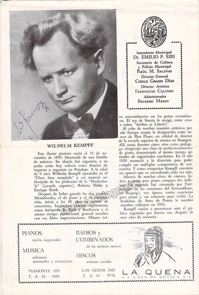 Kempff, Wilhelm - Signed Program Buenos Aires 1948