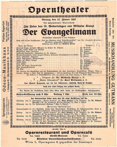 Kienzl, Wilhelm - Concert Program "Der Evangelimann" 1927