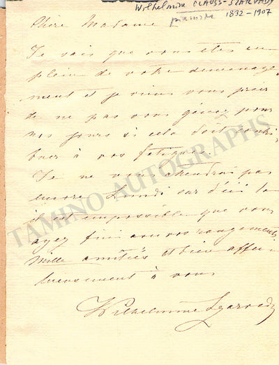 Clauss-Szarvady, Wilhelmine - Autograph Letter Signed