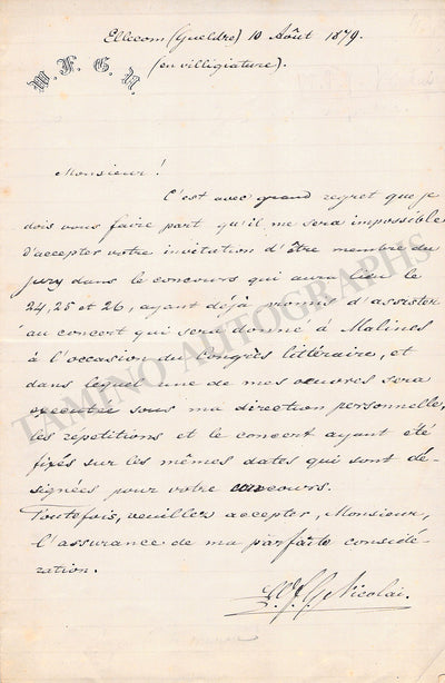 Nicolai, Wilhelm F.G. - Autograph Letter Signed 1879