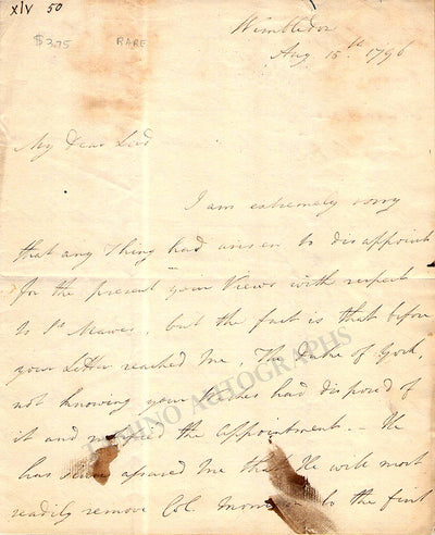 Pitt, William (The Younger) - Autograph Letter Signed 1796