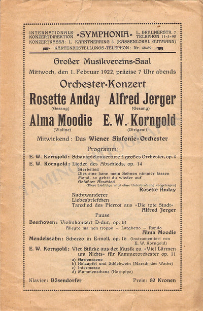 Korngold, Erich Wolfgang - Concert Program Vienna 1922