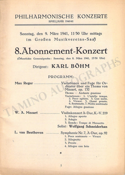 Schneiderhan, Wolfgang - Bohm, Karl - Concert Program Vienna 1941
