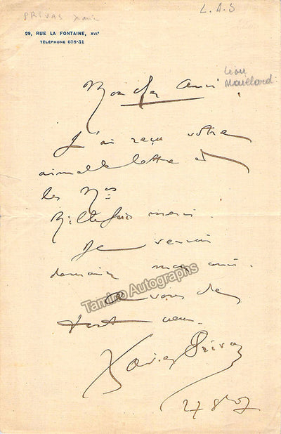 Privas, Xavier - Autograph Note Signed 1907