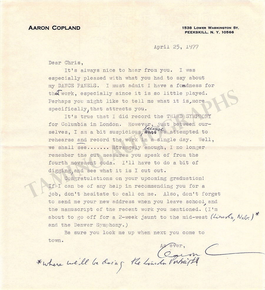 Copland, Aaron - Signed Photograph 1978 & Typed Letter Signed 1977