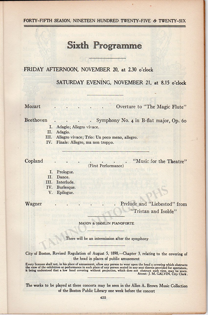 Koussevitzky, Serge - World Premiere of Aaron Copland`s "Music for the Theater" 1925