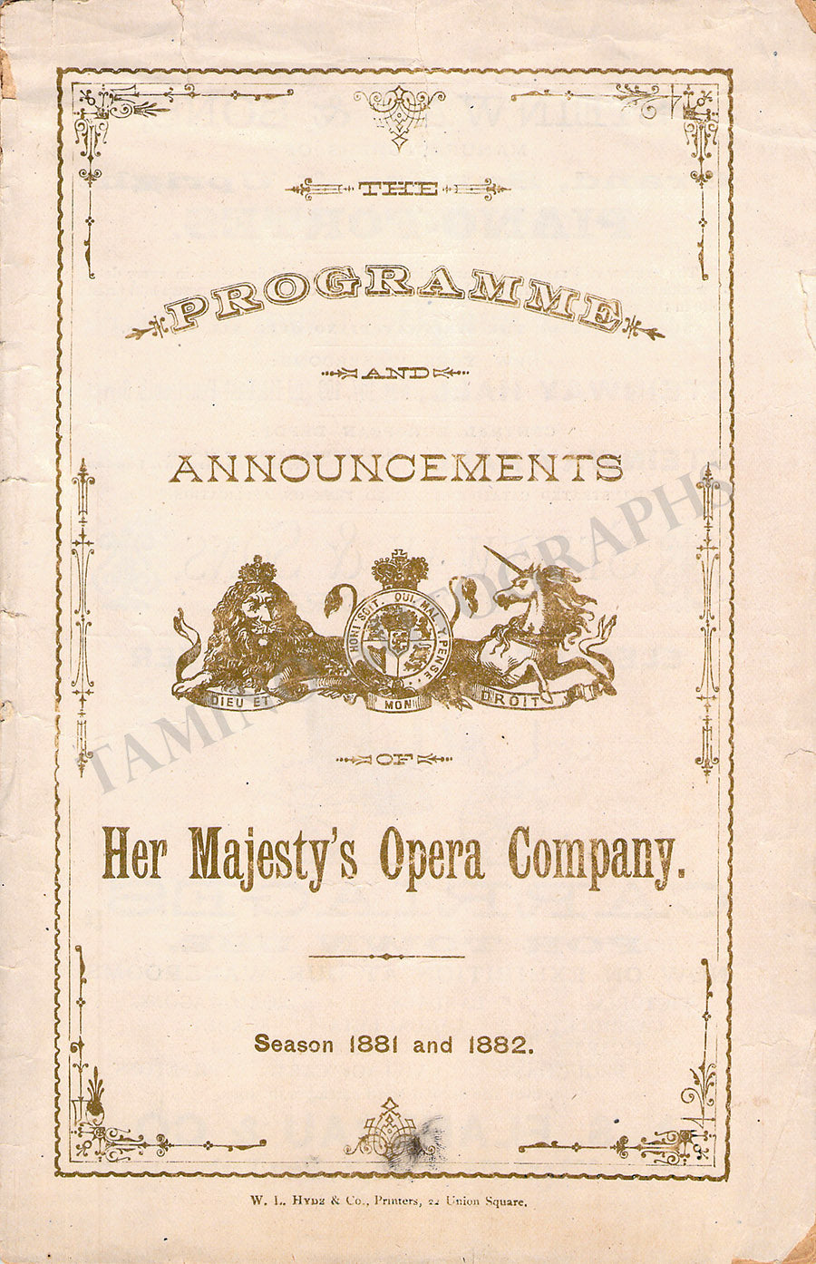 Oreal Opera Program Her Majesty's Opera Company Program US Tour 1881-1882