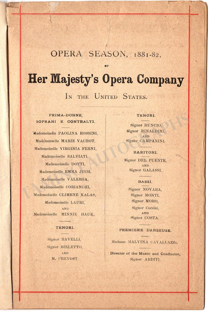 Oreal Opera Program Her Majesty's Opera Company Program US Tour 1881-1882