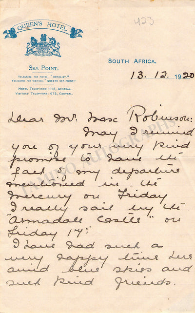 Forrest, Ada - Autograph Letter Signed 1920