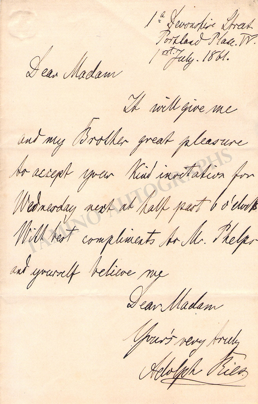 Adolph Ries Autograph Note Signed 1861 – Tamino