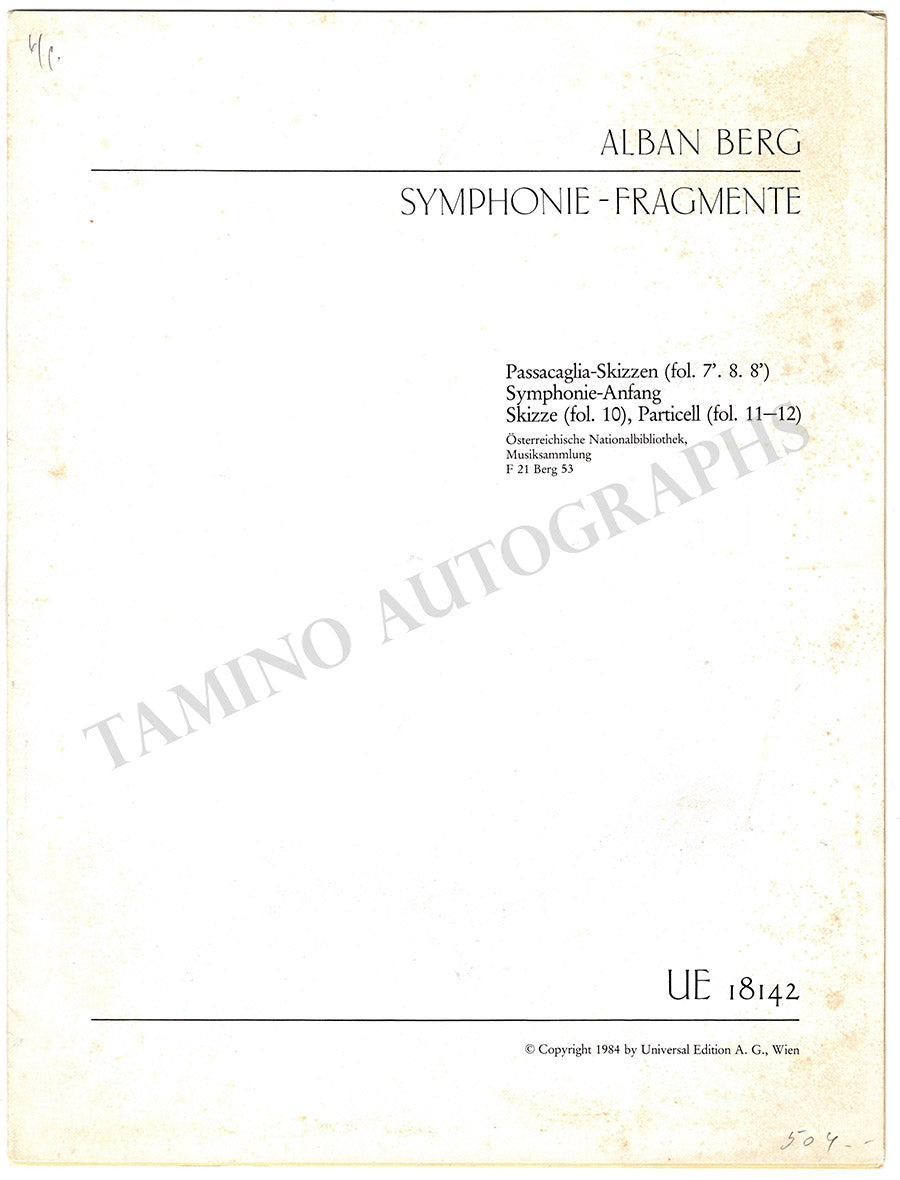Berg, Alban - Symphonic Fragments Facsimile Edition