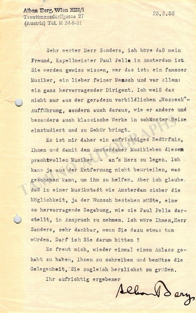Berg, Alban - Typed Letter Signed 1933