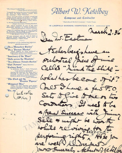 Ketelbey, Albert - Autograph Letter Signed 1936