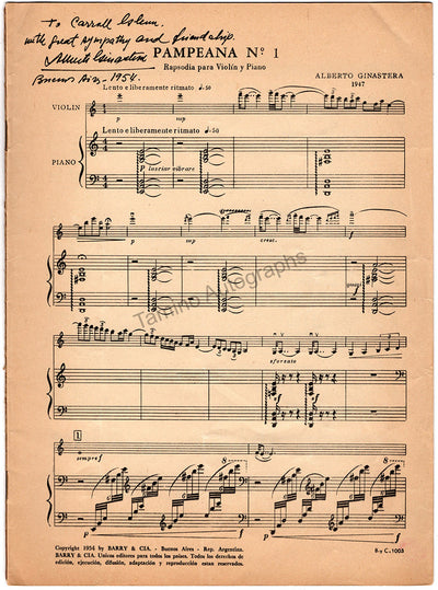 Ginastera, Alberto - Signed Score for "Pampeana Nr. 1"