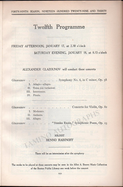 Glazunov, Alexander - Concert Program Boston 1930