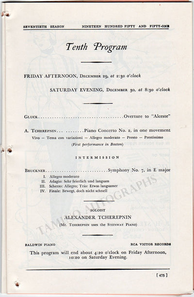 Tcherepnin, Alexander - Concert Program Boston 1950
