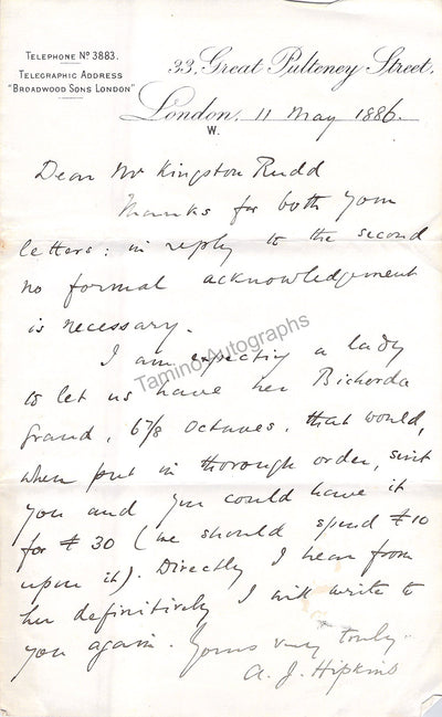 Hipkins, Alfred James - Autograph Letter Signed 1886