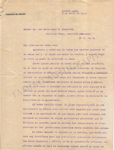 Nervo, Amado - Set of 2 Typed Letters Signed 1919