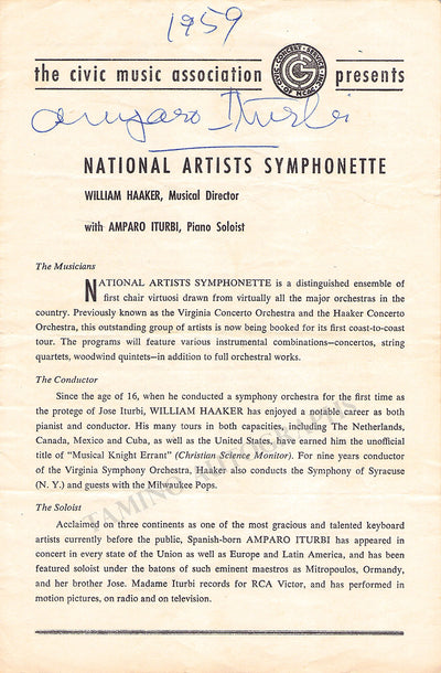 Iturbi, Amparo - Signed Program New York 1959