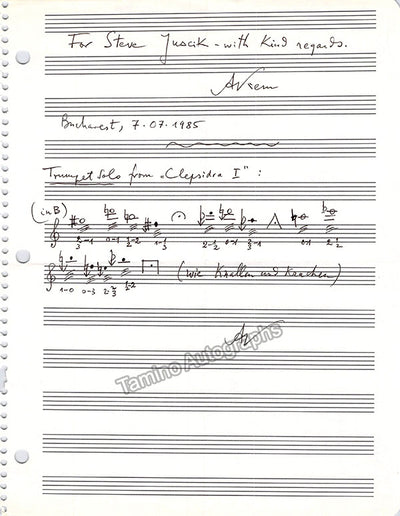 Vieru, Anatol - Autograph Music Quote Signed 1985