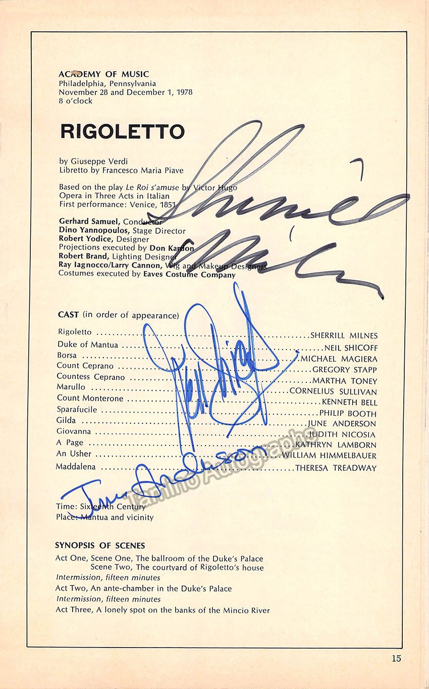 Shicoff, Neil - Anderson, June - Milnes, Sherrill - Signed Program Philadelphia 1978