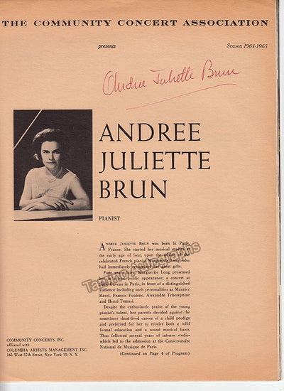 Brun, Andree Juliette - Signed Program New York 1965