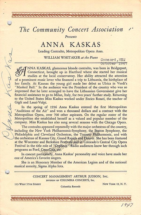 Kaskas, Anna - Signed Concert Program 1947 - Tamino