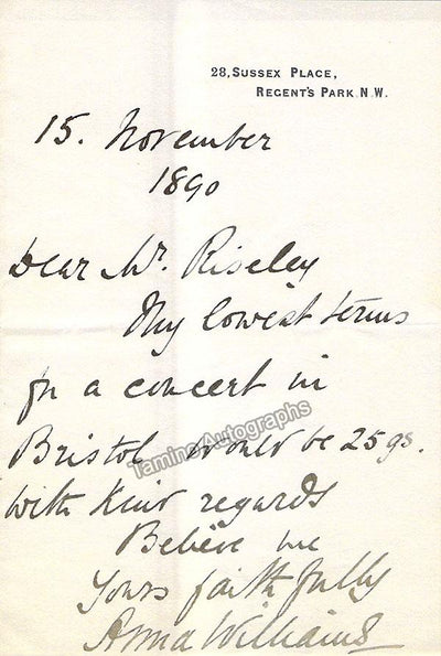 Williams, Anna - Autograph Note Signed 1890