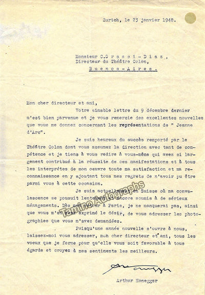 Honegger, Arthur - Typed Letter Signed 1948