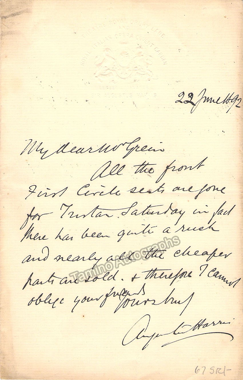 Harris, Augustus - Autograph Letter Signed 1892