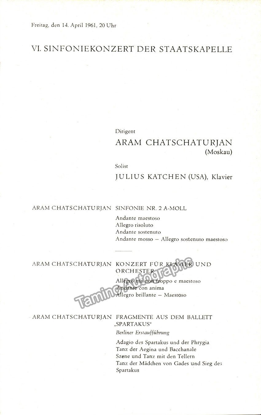 Khatchaturian, Aram - Concert Program 1961