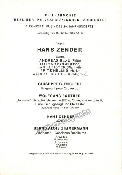Zender, Hans - Lot of 4 Concert Programs Berlin 1969-1977