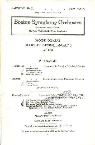 Tansman, Alexander - Concert Program New York 1928