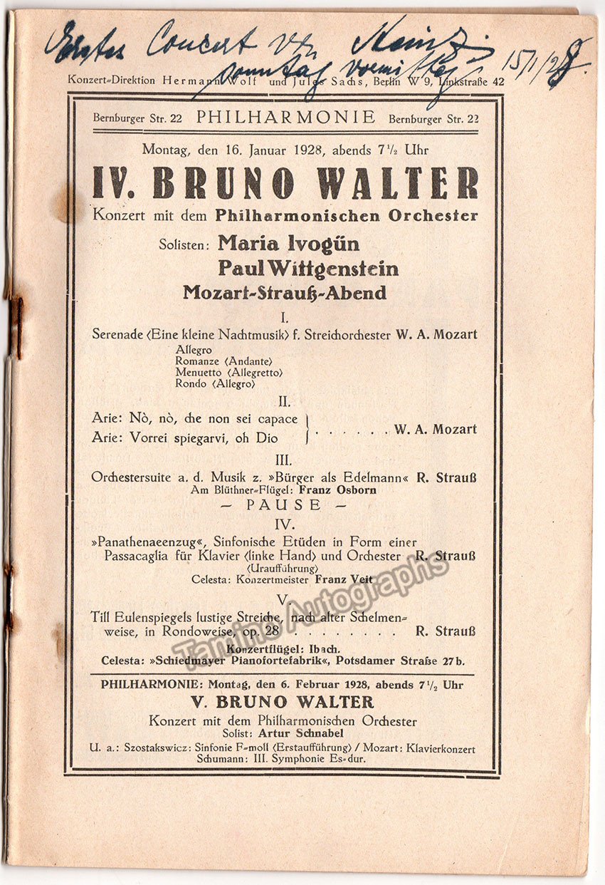 Walter, Bruno - Concert Program World Premiere "Panathenaeenzug" (R. Strauss) Berlin 1928