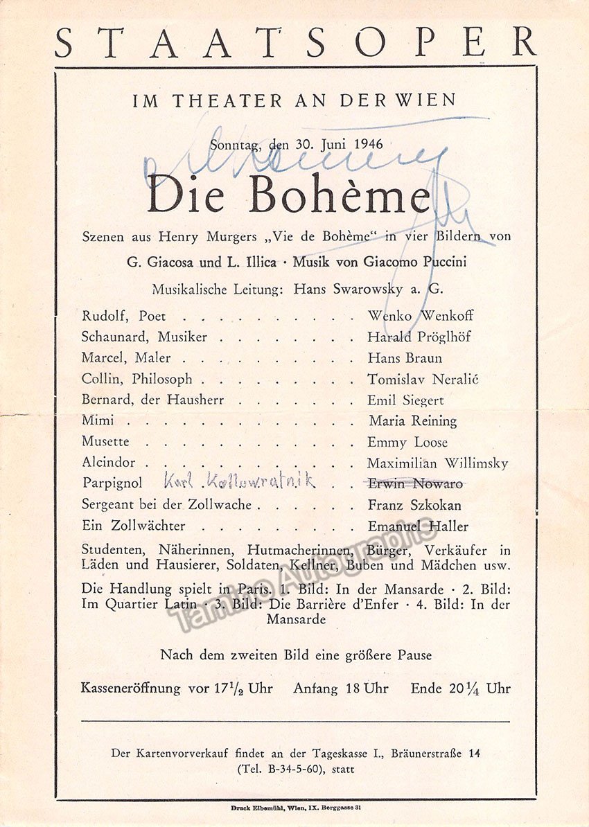 Reining, Maria - Signed Program Vienna Staatsoper 1946