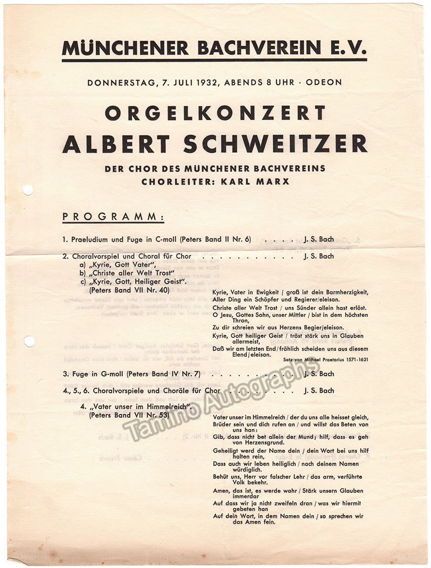 Schweitzer, Albert - Concert Program 1932